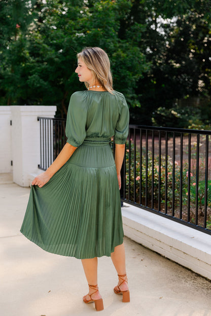 Satin Pleated Skirt Midi Dress