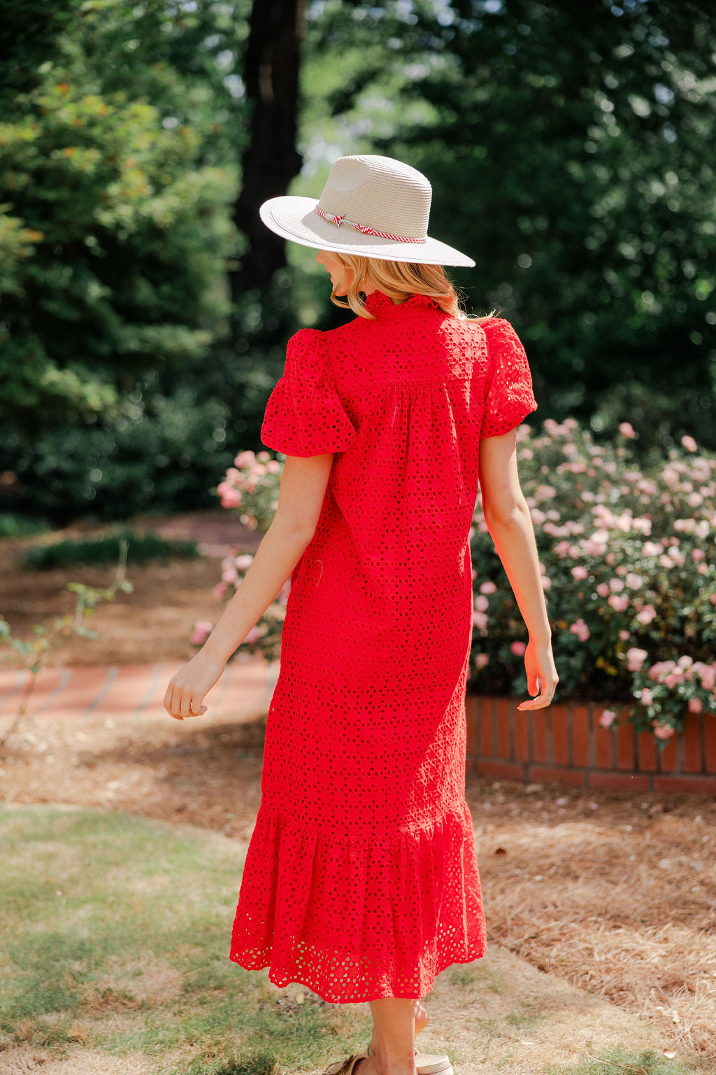 Eyelet Ruffle Mock Neck Midi Dress