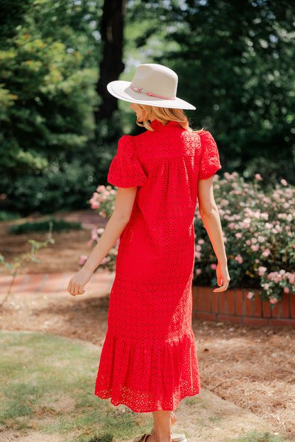 Eyelet Ruffle Mock Neck Midi Dress