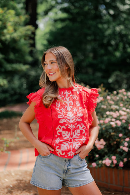 Embroidered Lace Flutter Sleeve Top