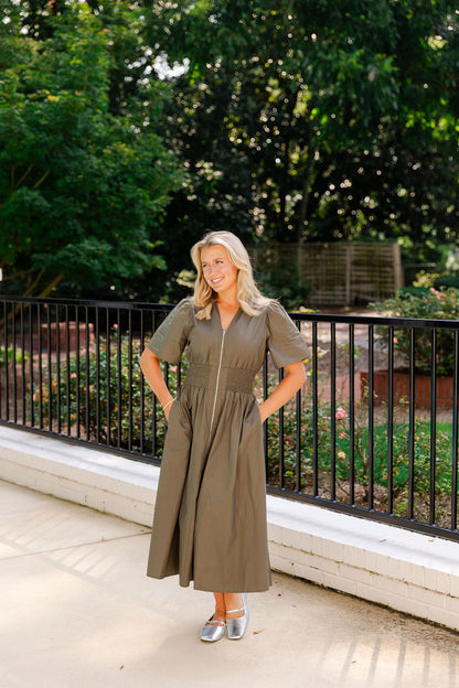 Smocked Waist Front Zip Midi Dress