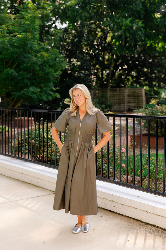 Smocked Waist Front Zip Midi Dress