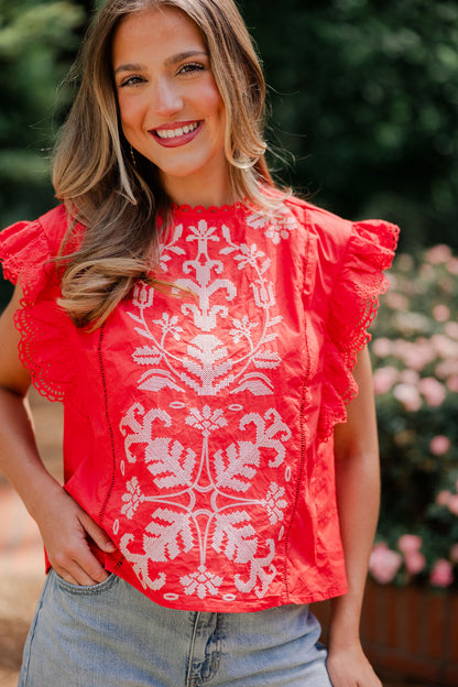 Embroidered Lace Flutter Sleeve Top