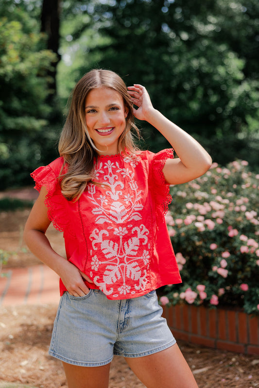 Embroidered Lace Flutter Sleeve Top