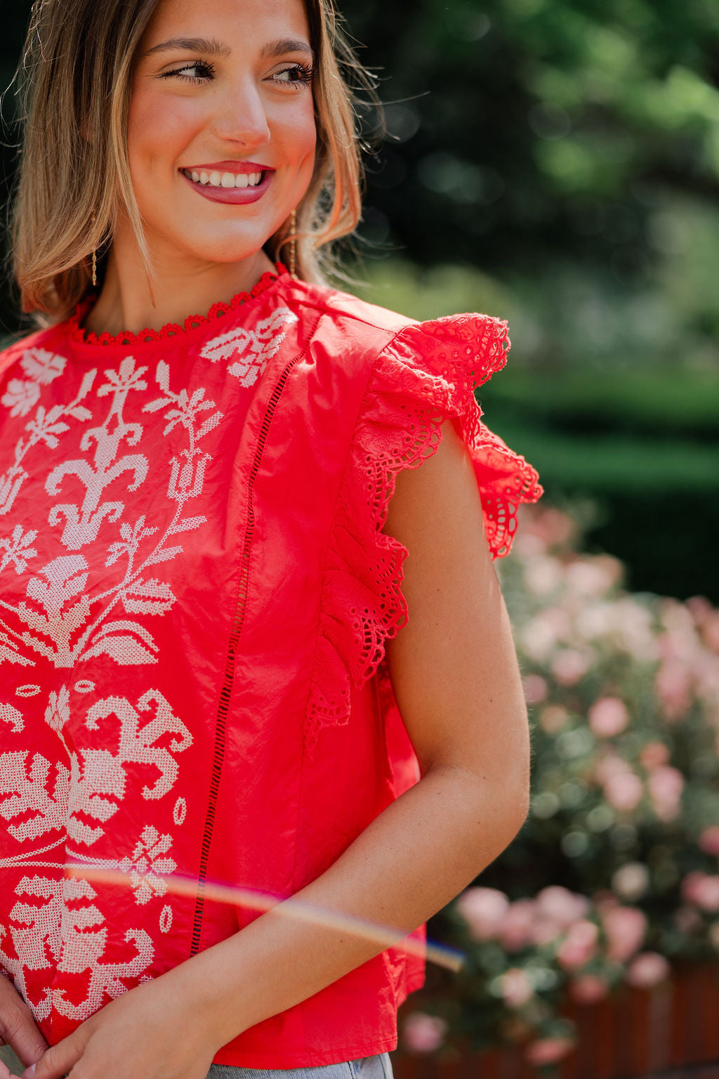 Embroidered Lace Flutter Sleeve Top