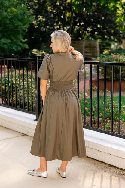 Smocked Waist Front Zip Midi Dress