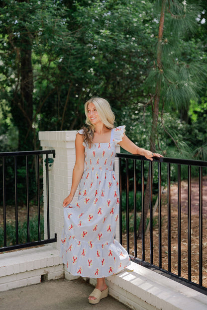 Lobster Print Smocked Midi Dress