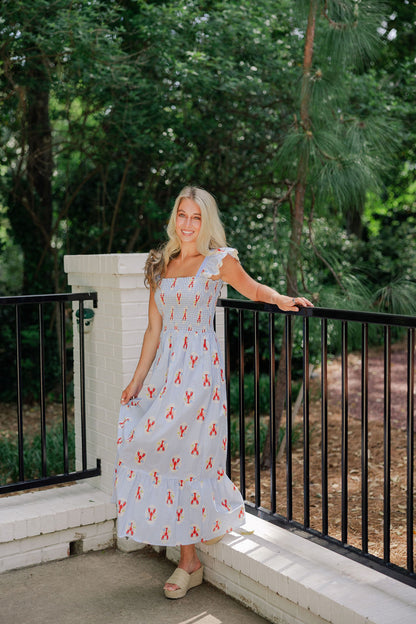 Lobster Print Smocked Midi Dress