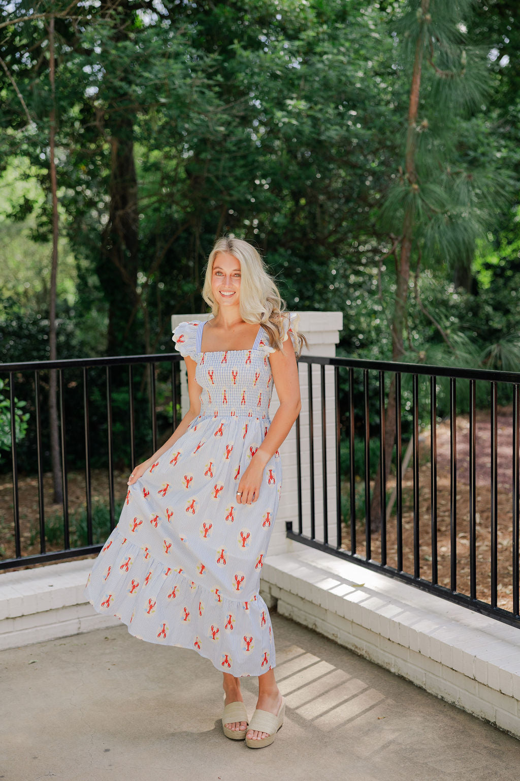 Lobster Print Smocked Midi Dress