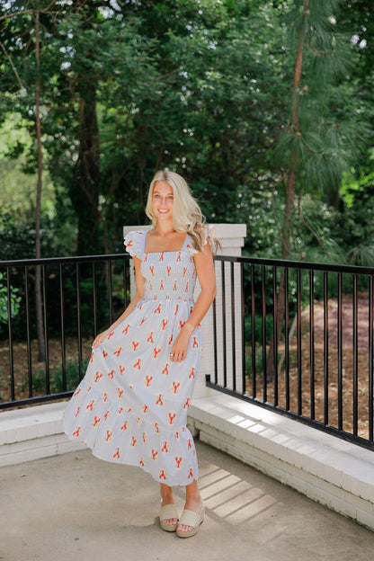 Lobster Print Smocked Midi Dress