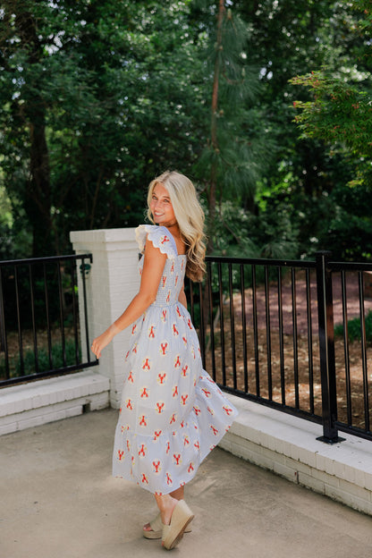 Lobster Print Smocked Midi Dress
