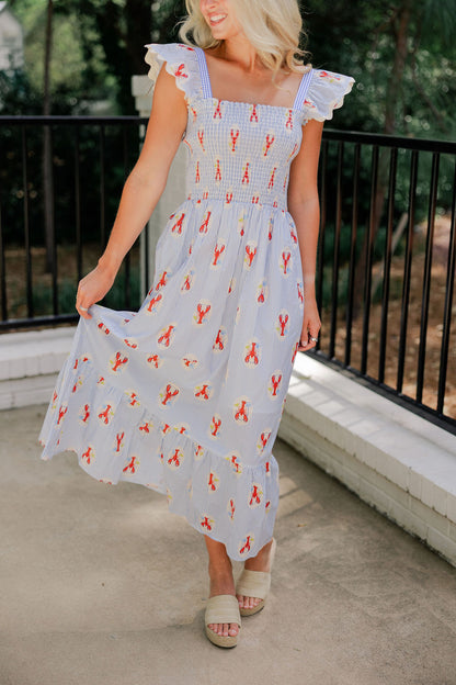 Lobster Print Smocked Midi Dress