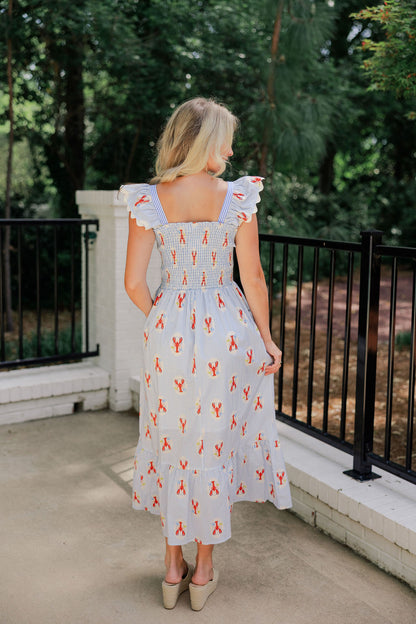 Lobster Print Smocked Midi Dress