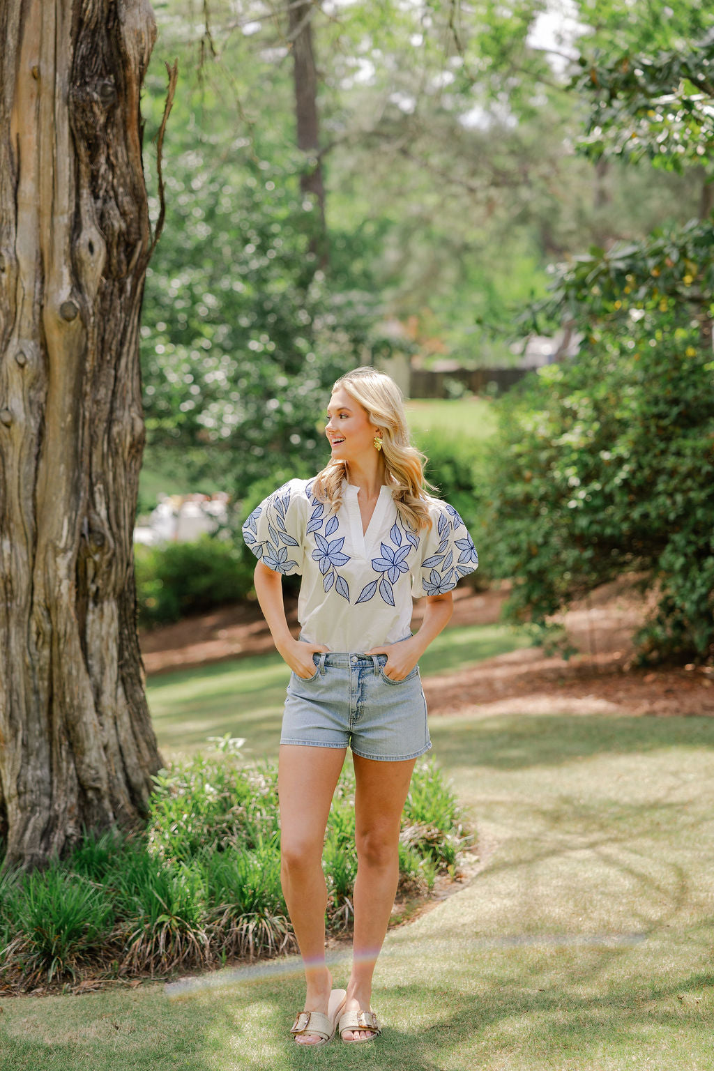 Puff Sleeve Floral Embroidered Top