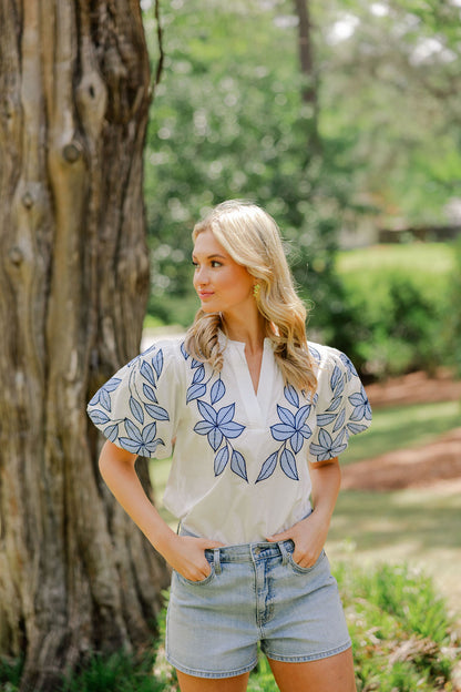 Puff Sleeve Floral Embroidered Top