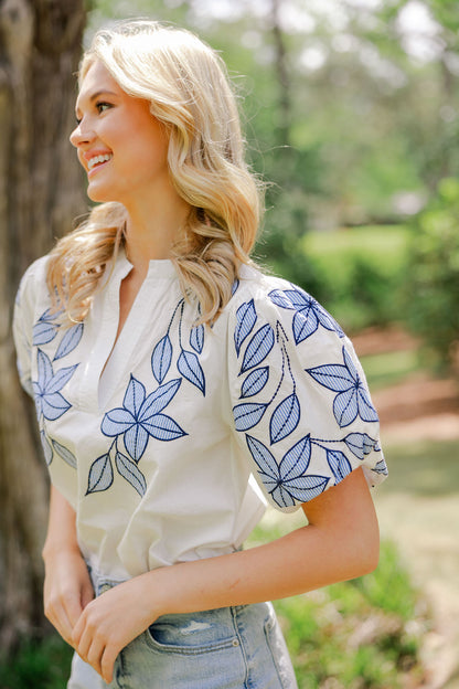 Puff Sleeve Floral Embroidered Top