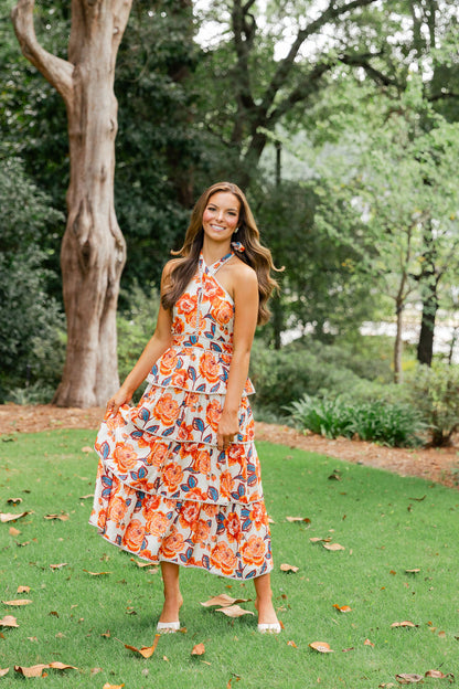 Floral Tiered Halter Bow Midi Dress