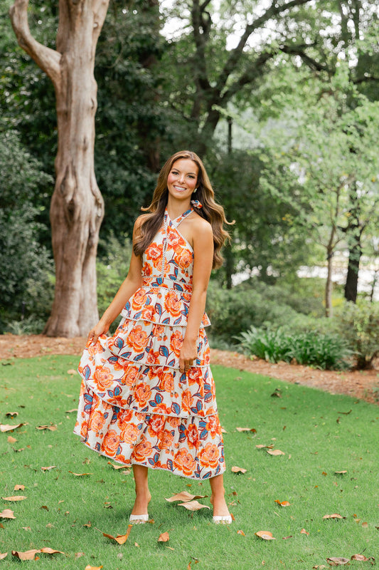 Floral Tiered Halter Bow Midi Dress
