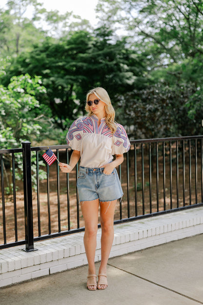Puff Sleeve Embroidered Gingham Top