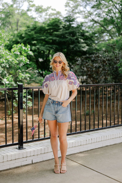 Puff Sleeve Embroidered Gingham Top