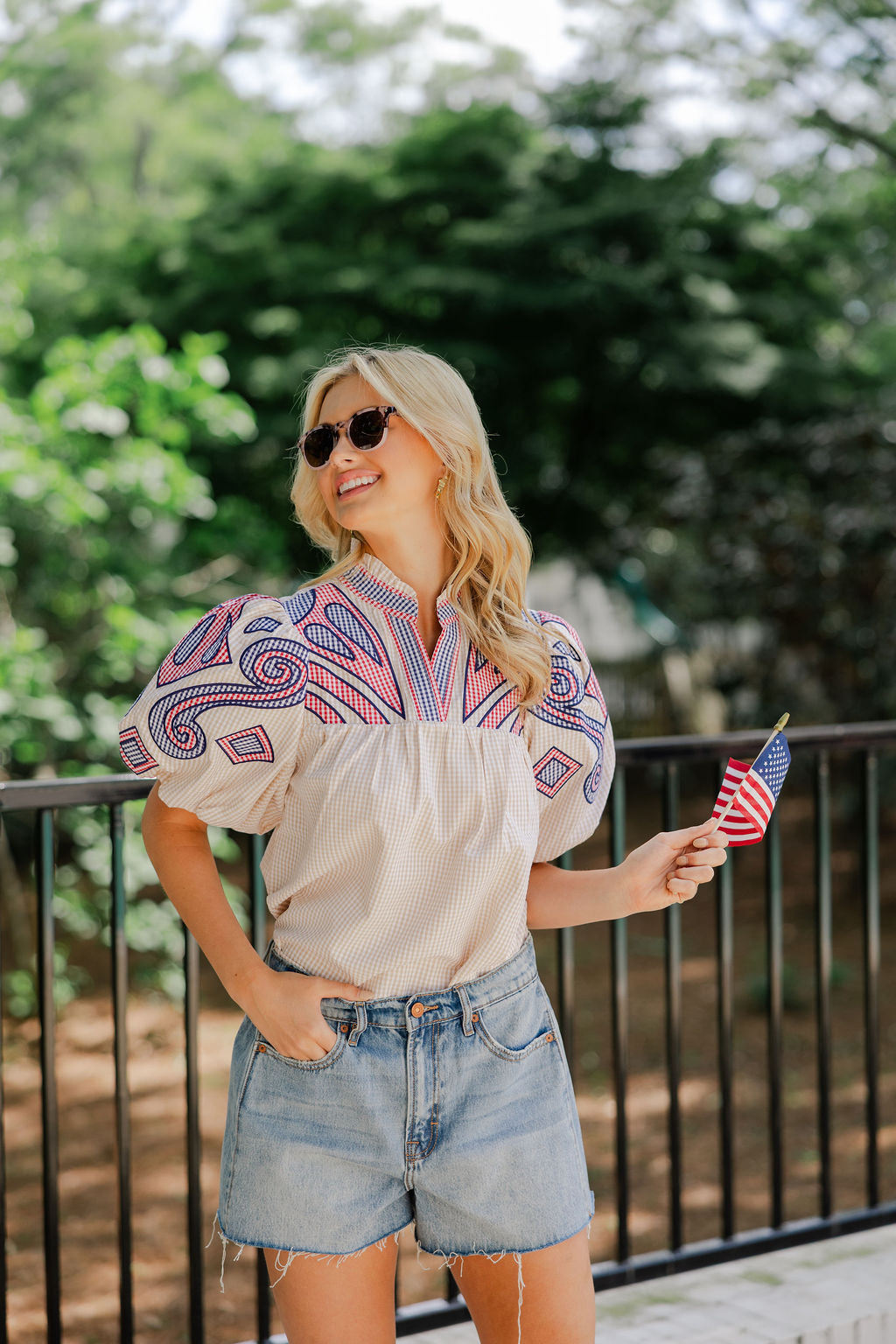 Puff Sleeve Embroidered Gingham Top