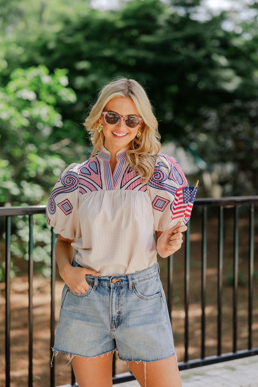 Puff Sleeve Embroidered Gingham Top