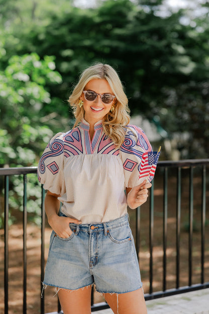Puff Sleeve Embroidered Gingham Top