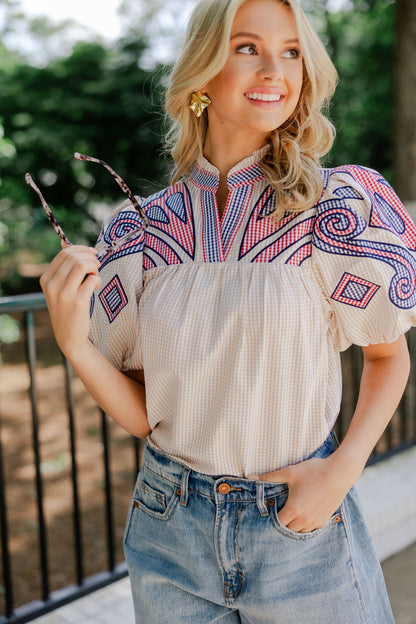 Puff Sleeve Embroidered Gingham Top