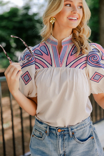Puff Sleeve Embroidered Gingham Top