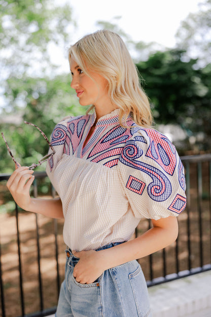 Puff Sleeve Embroidered Gingham Top