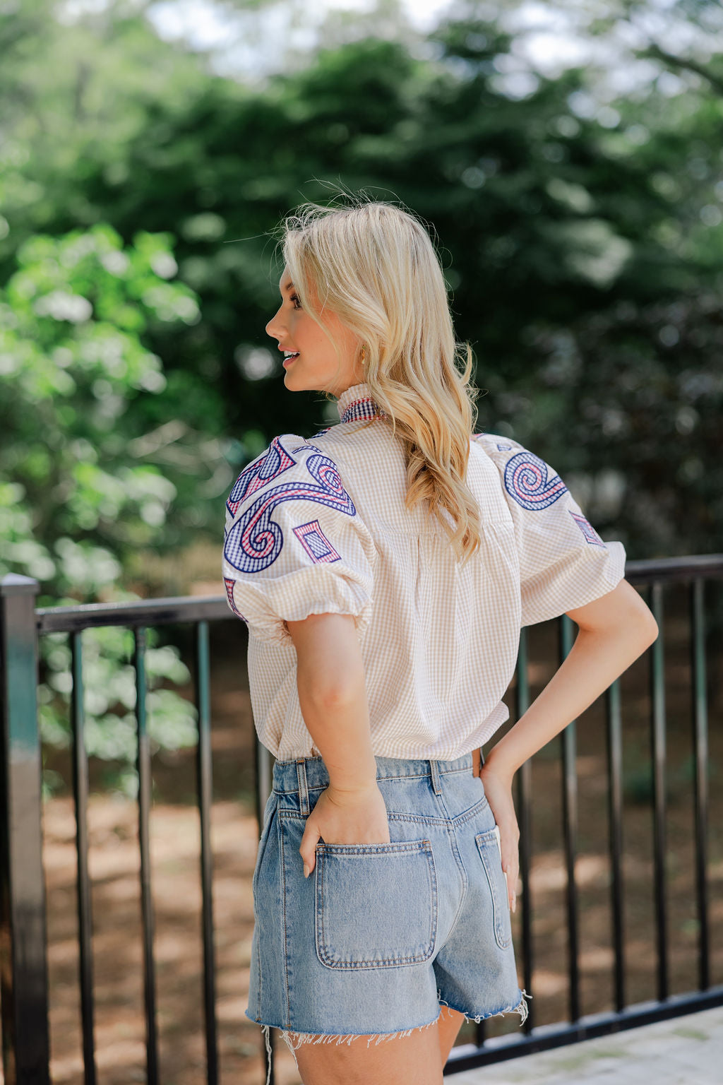 Puff Sleeve Embroidered Gingham Top