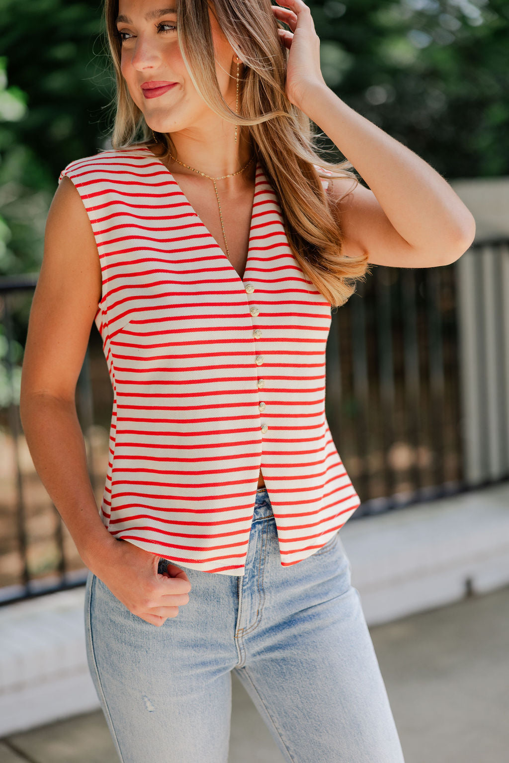Gold Button Striped Vest