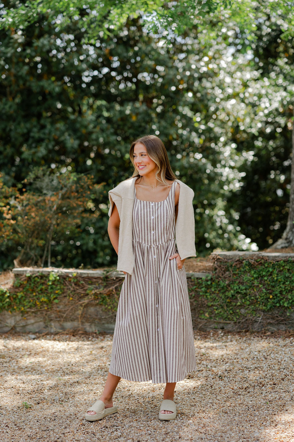 Striped Button Detail Midi Dress