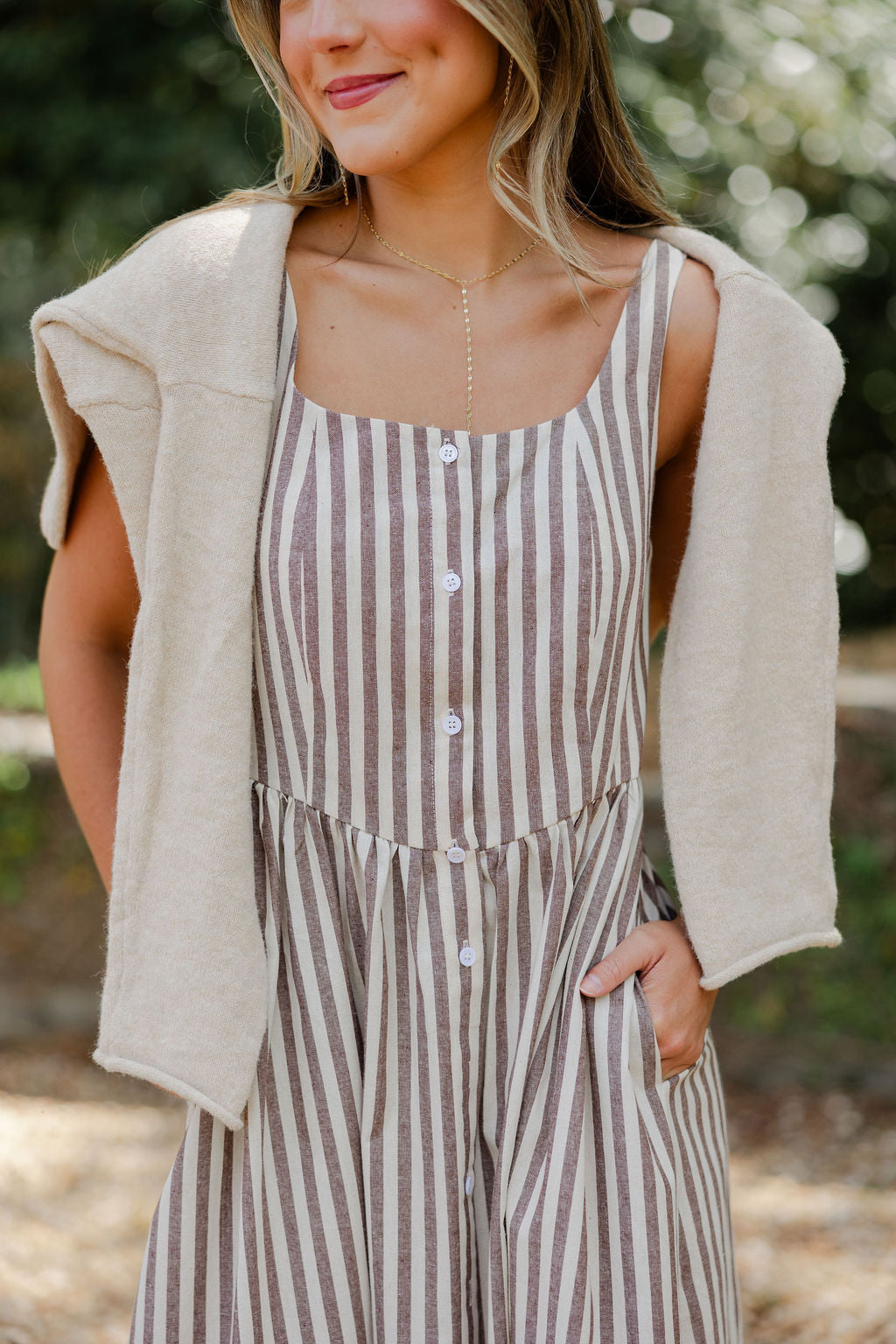 Striped Button Detail Midi Dress