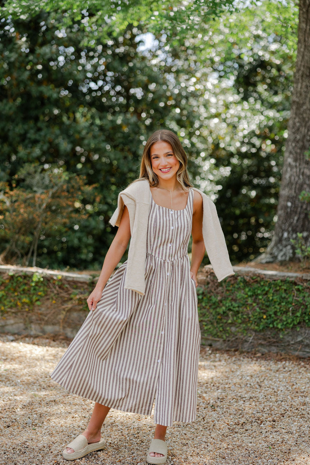 Striped Button Detail Midi Dress