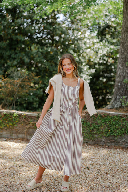Striped Button Detail Midi Dress