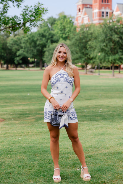 Embroidered Halter Mini Dress