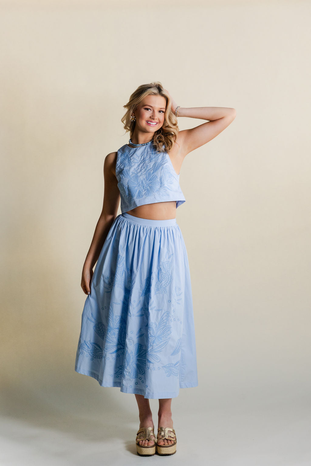 Embroidered Crop Top & Midi Skirt Set