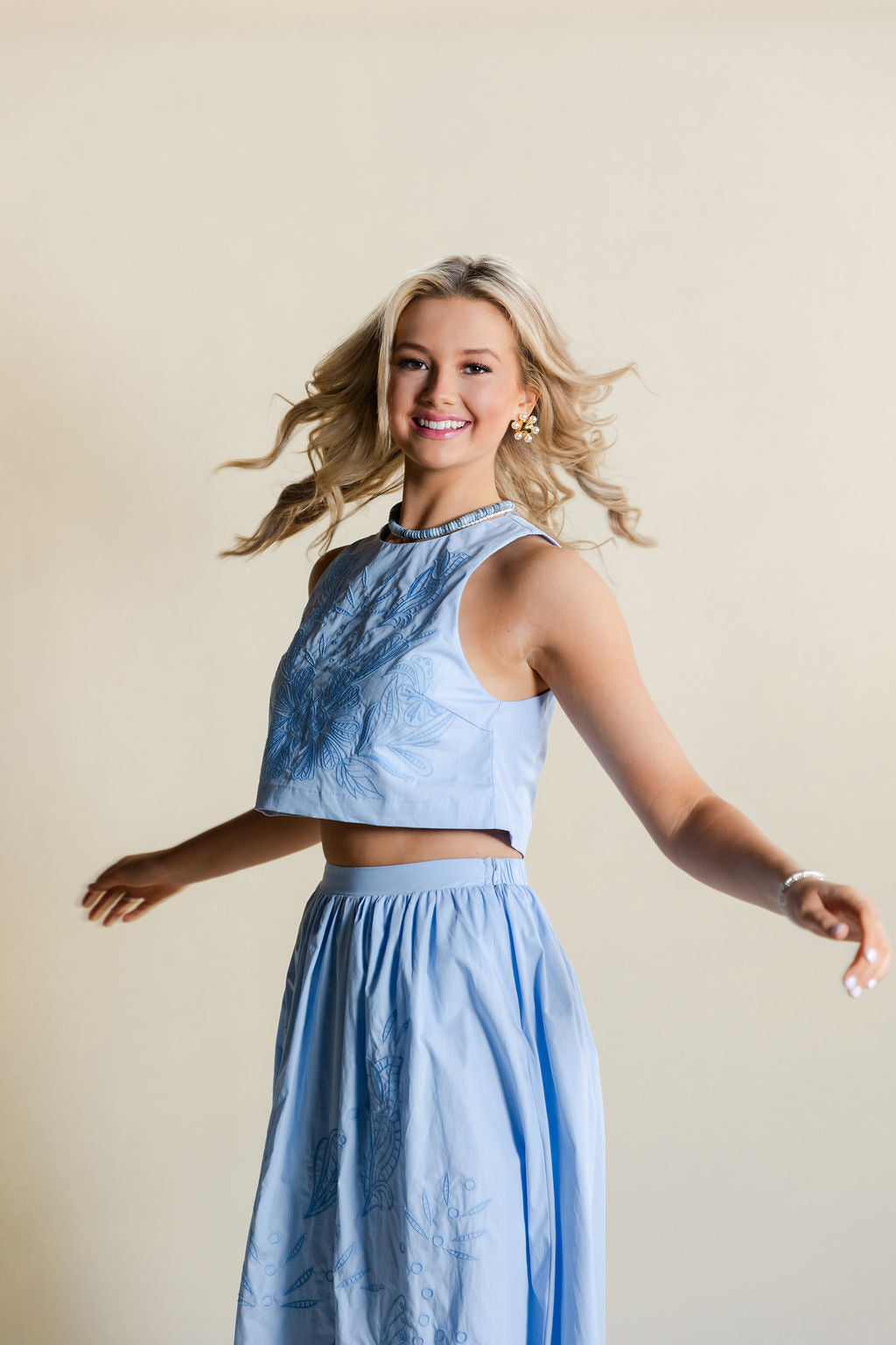 Embroidered Crop Top & Midi Skirt Set