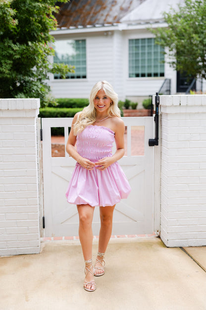 Shirred Stripe Balloon Mini Dress