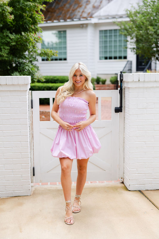 Shirred Stripe Balloon Mini Dress