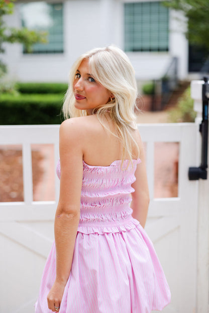 Shirred Stripe Balloon Mini Dress