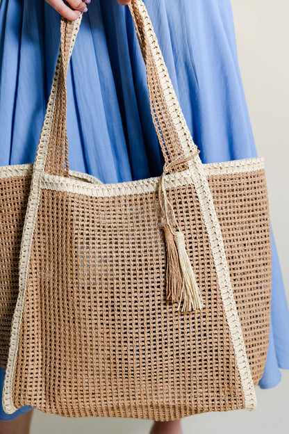 Two Tone Woven Straw Tote