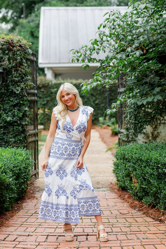 Carmella Embroidered Wrap Midi Dress