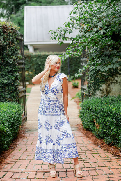 Carmella Embroidered Wrap Midi Dress