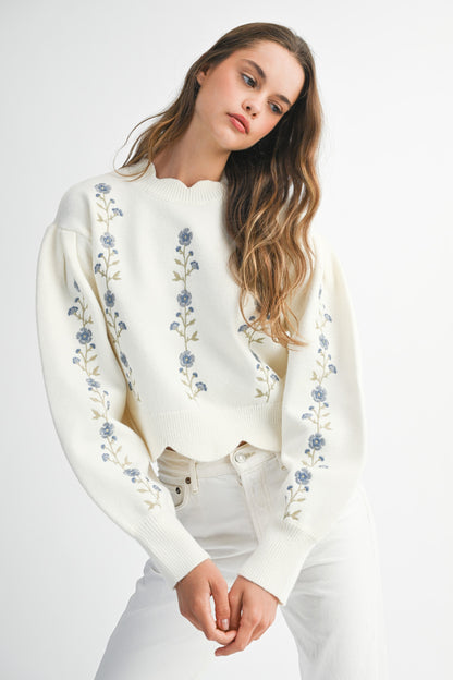 Floral Embroidered Scallop Sweater