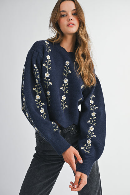 Floral Embroidered Scallop Sweater