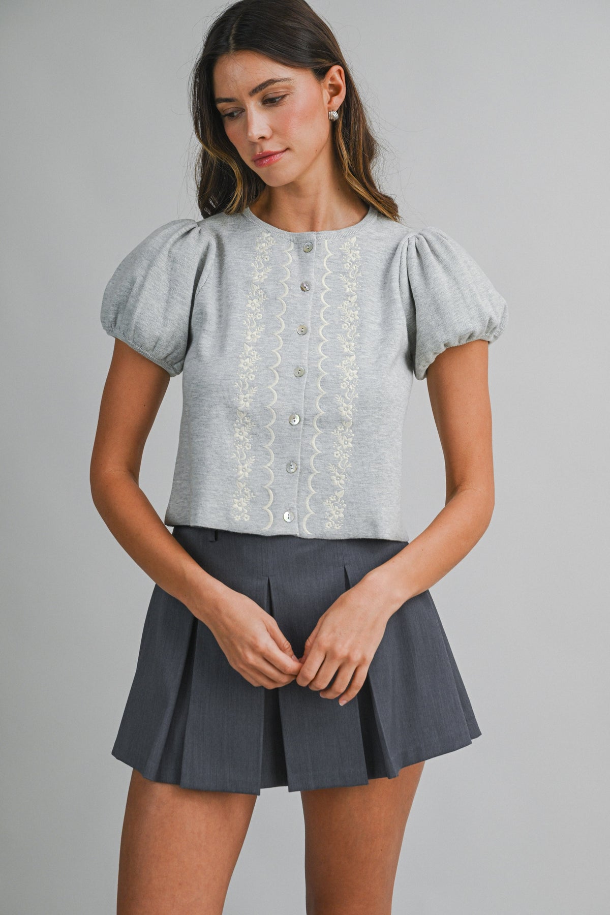 Embroidered Puff Sleeve Cardigan