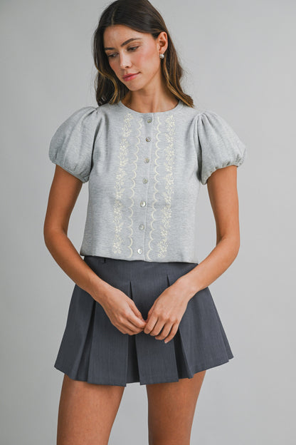 Embroidered Puff Sleeve Cardigan