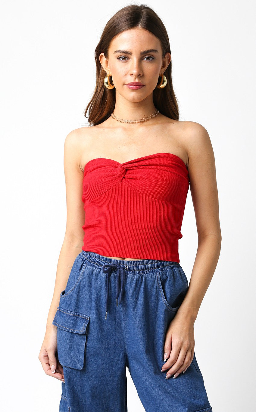 KNIT STRAPLESS KNOTTED SWEETHEART TOP